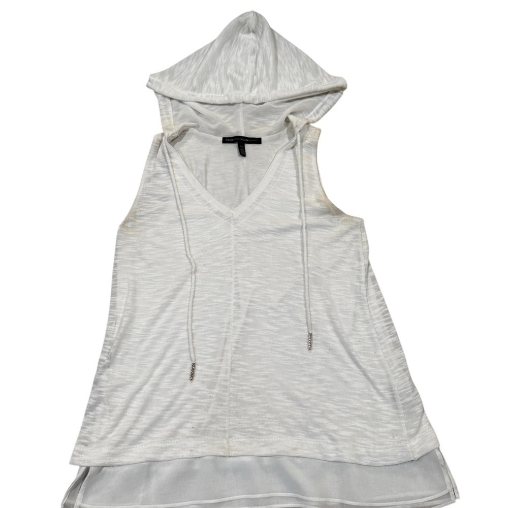 White House Black Market white sleeveless hooded tunic sheer hem tassels, XS.